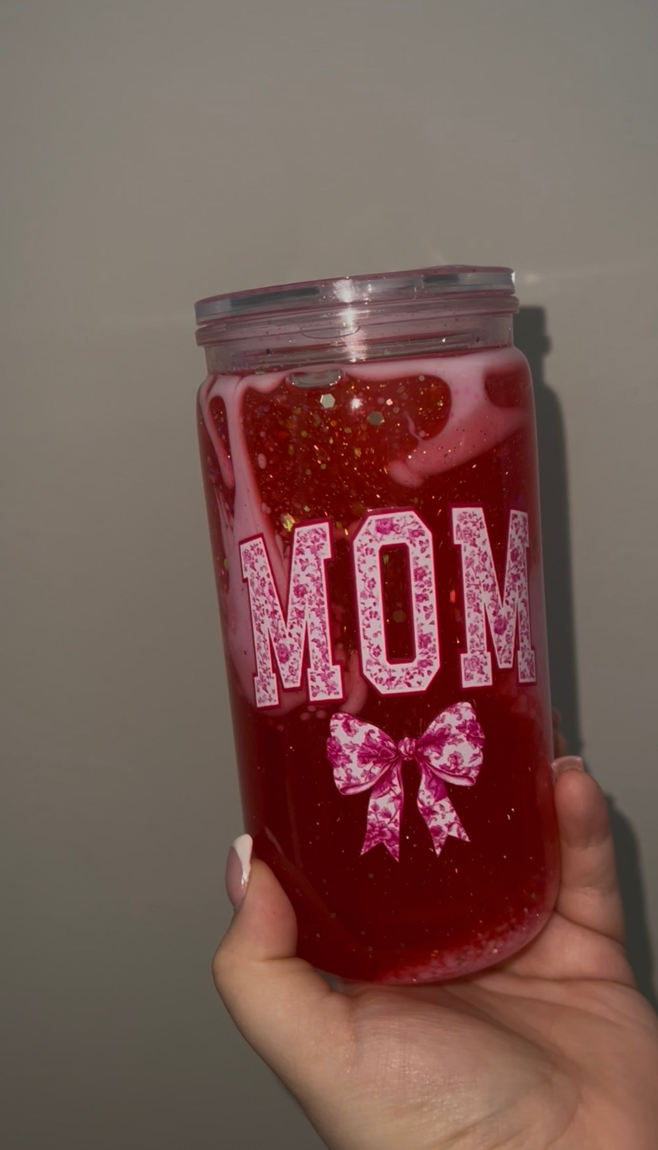 16 oz Camo Mom Red & Pink Lava Cup with Glitter Lid Pre Made