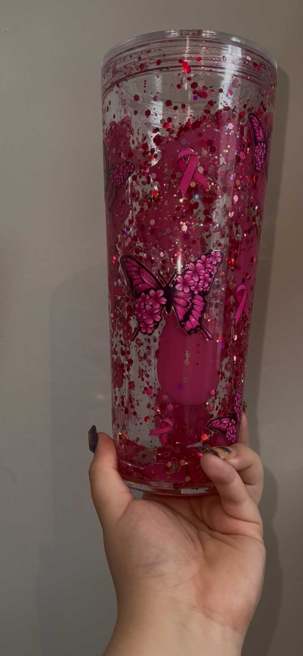 24 Oz Butterfly Cancer Dual Glitter Lava Pre Made Cup
