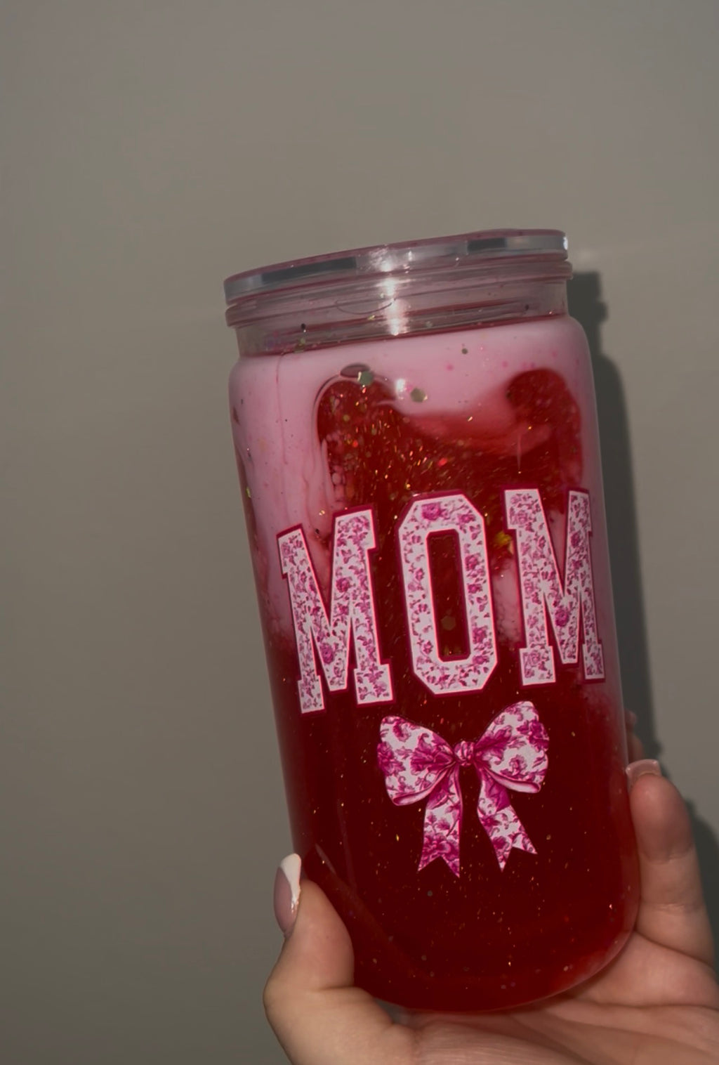 16 oz Camo Mom Red & Pink Lava Cup with Glitter Lid Pre Made
